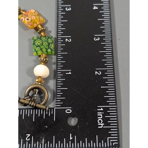 Bronze Tone Green Yellow Millefiori Glass Square Bead Bracelet 7" - Picture 7 of 7